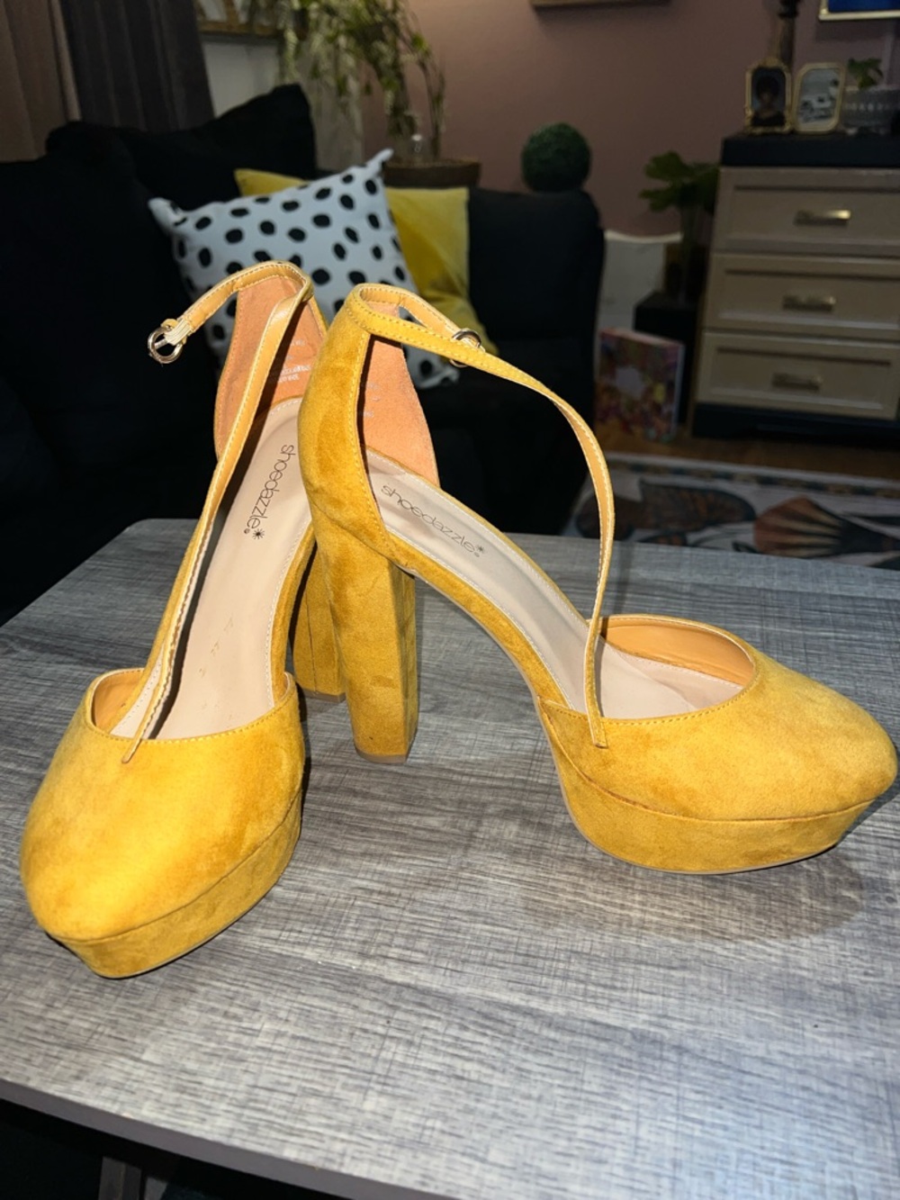 Shoe Dazzle Yellow Suede Platform Ankle-Strap Pumps - Picture 2 of 3